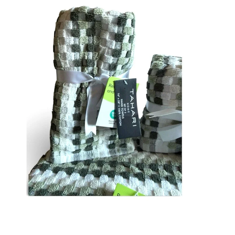 Tarhari 8 Piece Towel Set Tiles Squares Green White 2 Bath 2 Hand 4 Washcloths